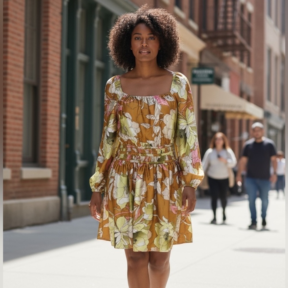 RYEGRASS BROWN FLORAL PRINT BALLOON SLEEVE SMOCKED WAIST MINI DRESS SIZE 1X